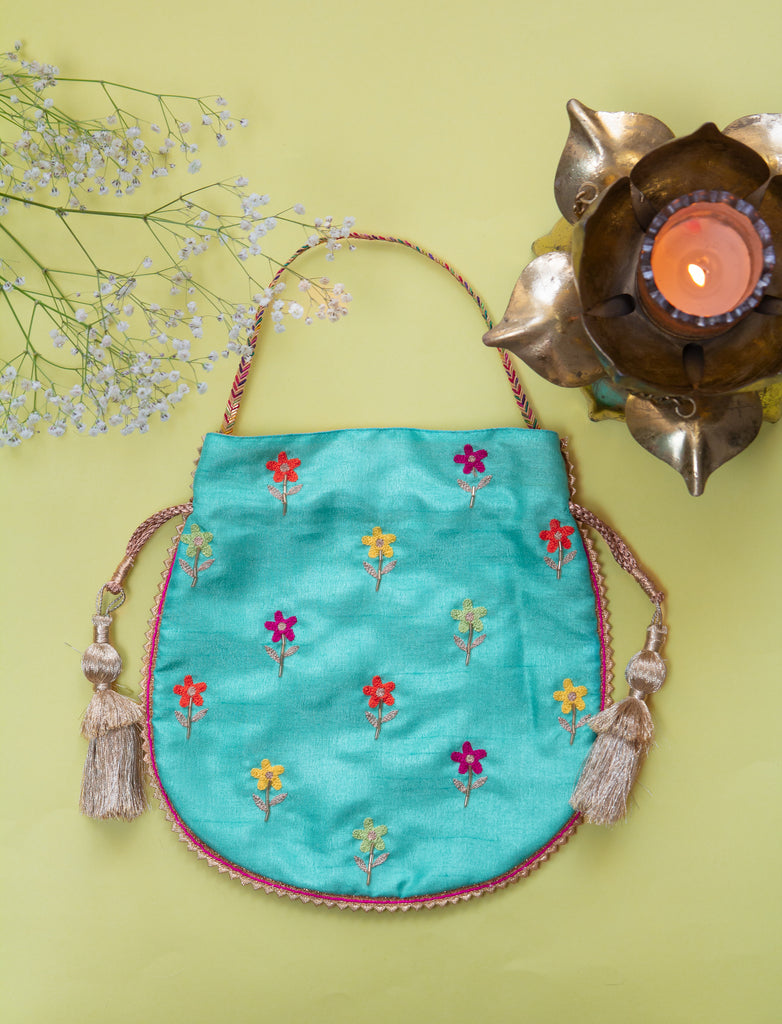 Turquoise Beauty Embroidered Potli Clutches