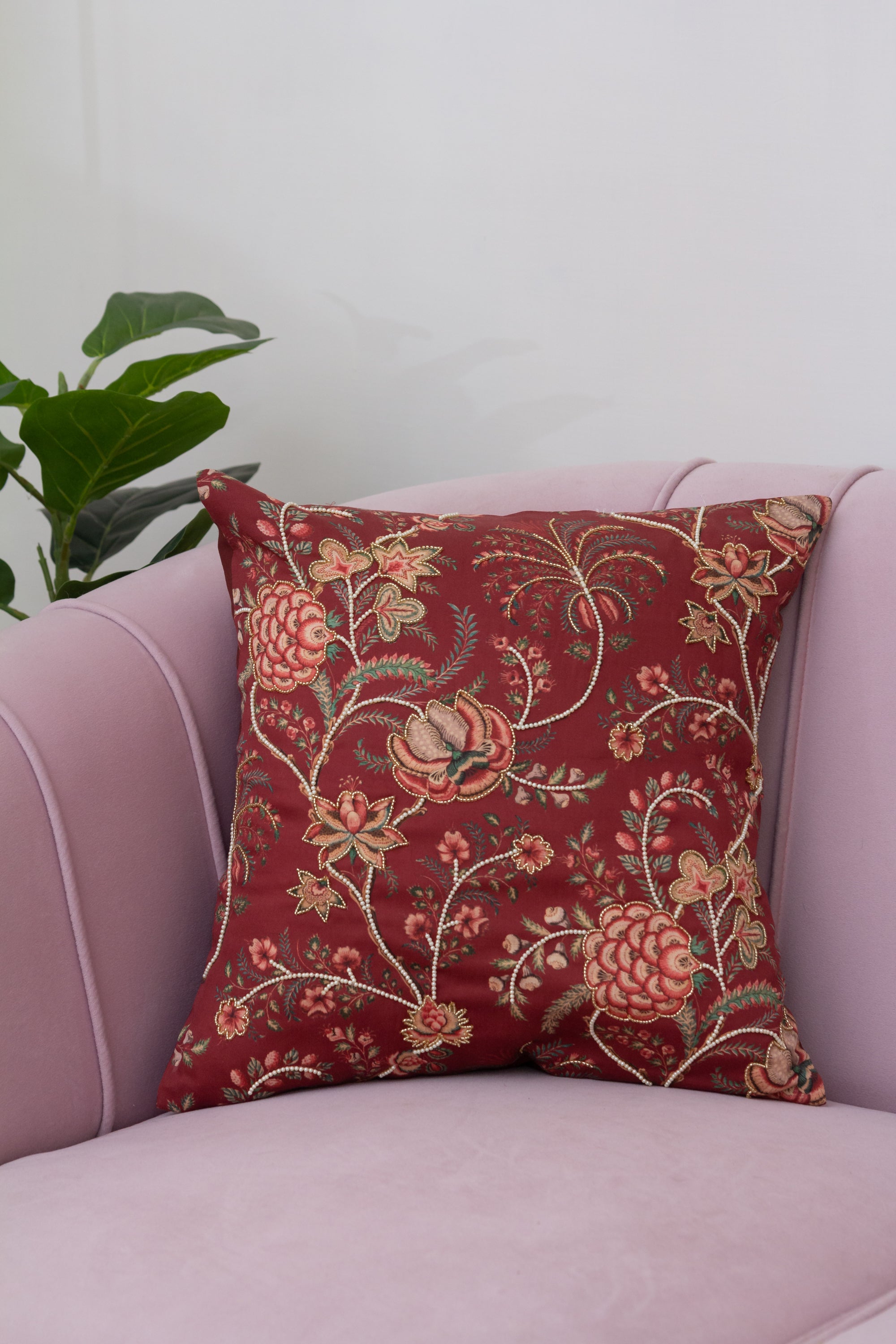 Floral Festive M Cushion Cover with Hand Embroidery